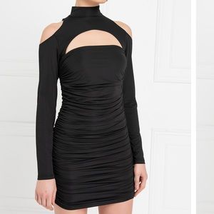 Oh Polly, Black, shirred cutout mini, long sleeves, choker‎ neck, size 4